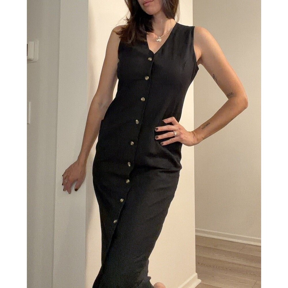 VTG MIXIT Women's Black Linen Button Down Sleeveless Dress Size 7/8